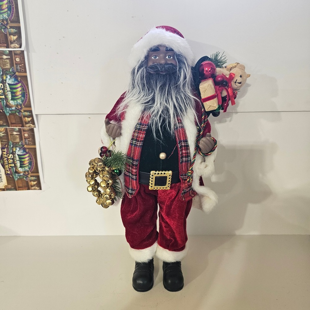 Black Santa Claus Figurine 18 Inch Red Velvet Plaid Vest Christmas TabletopDecor